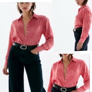 Zara satin Women's Red red leopard Patterned Button-Up Shirt Sz S long sleeves